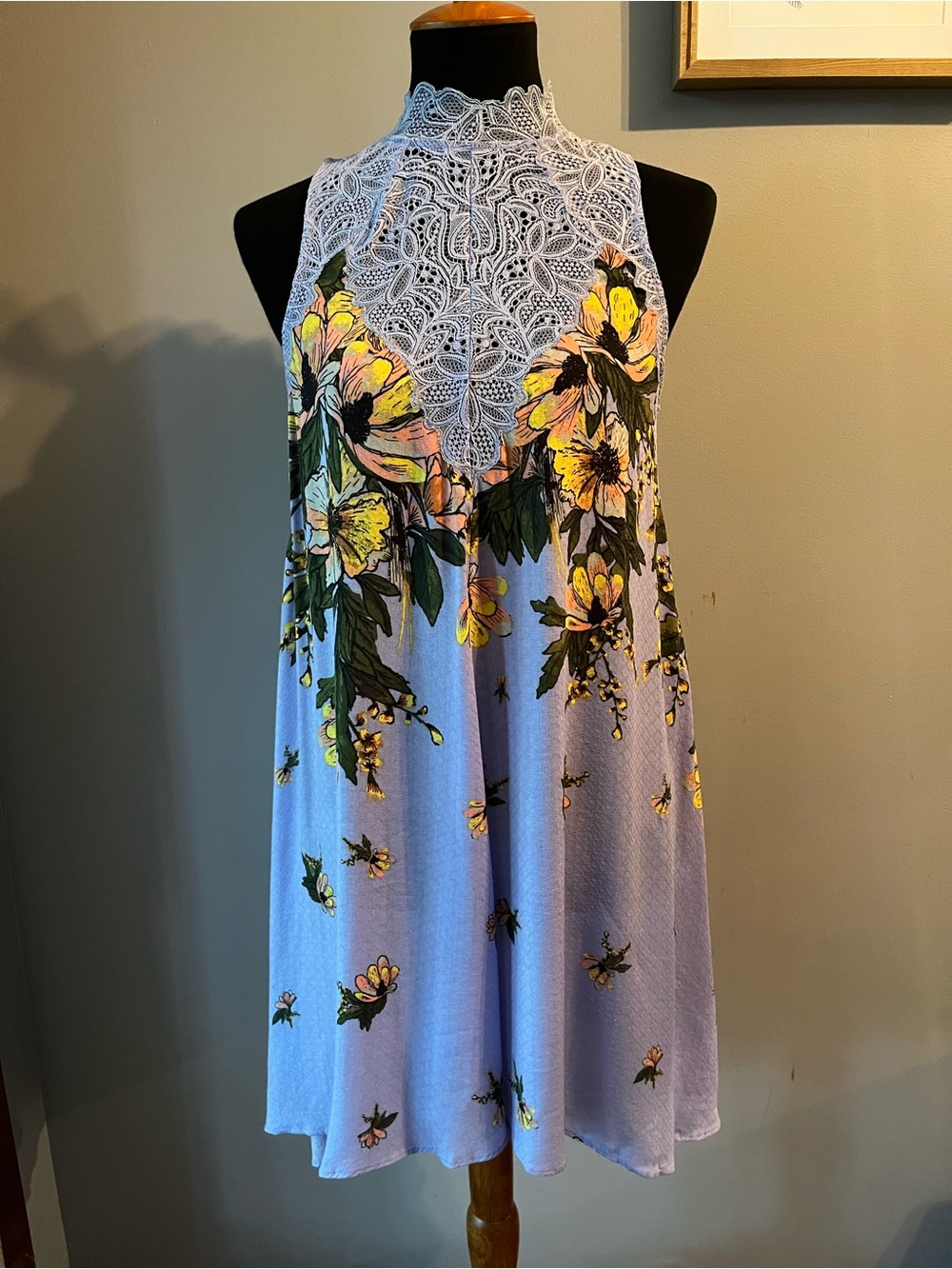 Free People Intimately Lavender Floral Lace High Neck Swing Dress XS